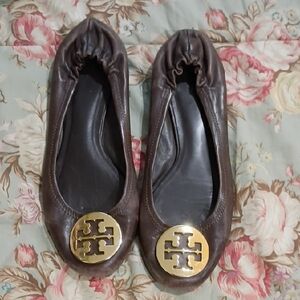 Tory Burch Chocolate Leather Flats with Gold Emblem